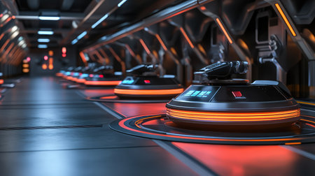 Futuristic warehouse with automated storage and retrieval robots moving inventory, smart logistics background with copy space for automation.の素材