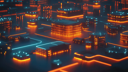 Futuristic robotic manufacturing facility with glowing automation systems, high-tech machinery, and advanced AI-controlled production.の素材