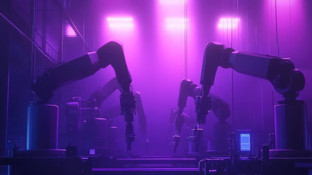 Futuristic smart factory with automated robotic arms assembling products, synchronized machinery, and digital systems monitoring production in a high-tech setting with copy space.の素材