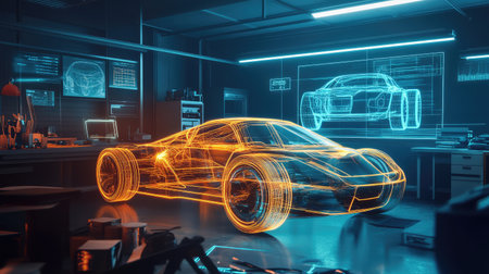 Glowing neon engineering schematics of a futuristic vehicle, hovering above a dark industrial workspace.の素材