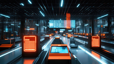 High-speed automated sorting system in a futuristic logistics center with conveyor belts, barcode scanners, and glowing digital displays.の素材
