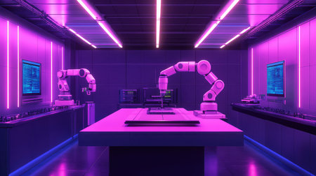 Futuristic smart factory with robotic arms assembling products with precision, digital monitoring and control systems managing the process in a glowing high-tech setting with copy space.の素材