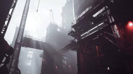 Industrial construction site at sunrise, featuring steel framework, towering cranes, and detailed scaffolding. A dramatic setting for architectural and civil engineering.の素材