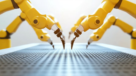 Futuristic smart factory with multiple robotic arms assembling complex machinery, high-tech digital automation background with copy space.の素材