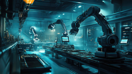 Futuristic smart factory with robotic arms efficiently handling production tasks, advanced AI and digital control systems visible with glowing lighting and copy space.の素材