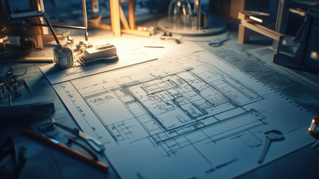 High-tech engineering workspace with digital blueprints on a futuristic touch screen, glowing interface elements, and a dark industrial background. A modern innovation concept.の素材