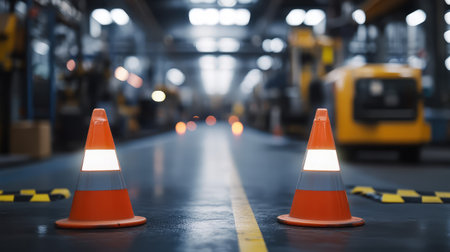 Industrial factory safety lights flashing near work areas, safety cones in place around high-risk zones, with factory machines in the background and copy space.の素材