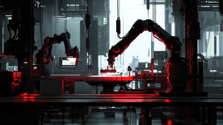 Futuristic smart factory with robotic arms assembling products with precision, digital monitoring and control systems managing the process in a glowing high-tech setting with copy space.の素材
