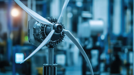 High-tech wind turbine assembly plant with massive industrial machinery and automated precision components.の素材