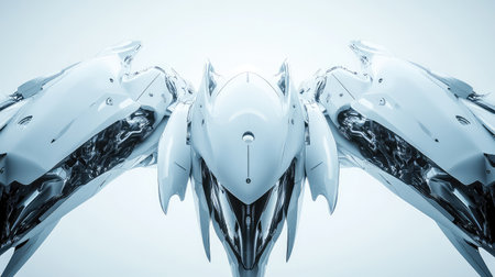 High-tech robotic automation in aerospace manufacturing, AI-driven industrial robotic arms assembling aircraft components with copy space.の素材