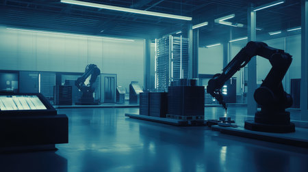 Industrial robotic arms sorting, packaging, and assembling goods in a smart logistics hub, high-tech futuristic automation with copy space.の素材