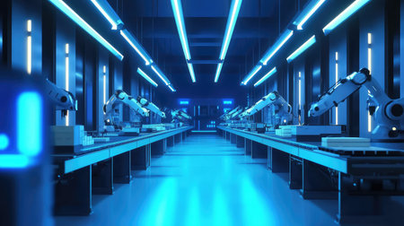 High-tech smart factory floor with advanced robotic arms assembling goods, automated production line with glowing blue lighting and digital sensors visible with copy space.の素材