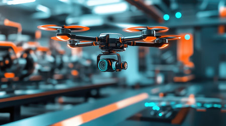 Industrial drone flying over a futuristic smart factory, scanning machinery with advanced AI-powered sensors.の素材
