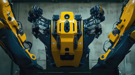 High-tech robotic automation in aerospace manufacturing, AI-driven industrial robotic arms assembling aircraft components with copy space.の素材