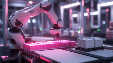 Industrial robotic arms sorting, packaging, and assembling goods in a smart logistics hub, high-tech futuristic automation with copy space.の素材