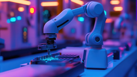 High-tech smart factory floor with advanced robotic arms assembling goods, automated production line with glowing blue lighting and digital sensors visible with copy space.の素材