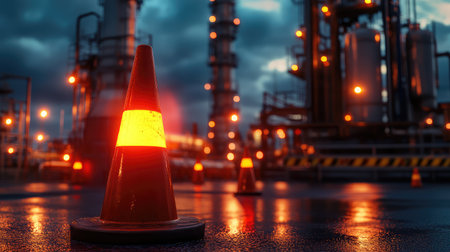 Industrial factory safety lights flashing near work areas, safety cones in place around high-risk zones, with factory machines in the background and copy space.の素材