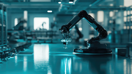 Industrial robotic arm assembling smart devices in a clean and high-tech automated factory, cyber blue lighting and copy space.の素材