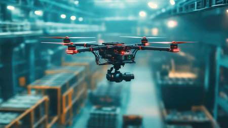 Industrial drone flying over a futuristic smart factory, scanning machinery with advanced AI-powered sensors.の素材