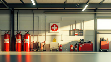 Industrial facility with visible safety procedures in place emergency exits, first aid kits, and fire extinguishers along walls, clean background with copy space.の素材
