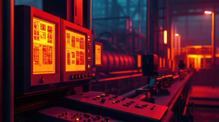 High-tech factory with an illuminated control panel, digital interfaces, and automation technology. A futuristic industrial workspace for precision manufacturing.の素材
