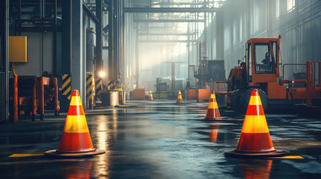 Industrial factory safety lights flashing near work areas, safety cones in place around high-risk zones, with factory machines in the background and copy space.の素材