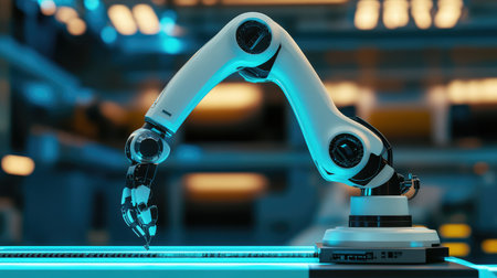 Industrial robotic arm handling precision laser cutting in a futuristic manufacturing plant, digital automation concept with glowing background and copy space.の素材