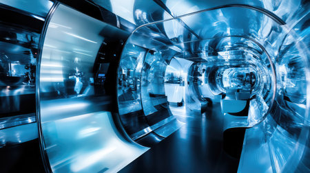 Inside an automated factory with robotic production lines, clean surfaces, and futuristic design. A high-tech workspace emphasizing precision, efficiency, and industrial innovation.の素材