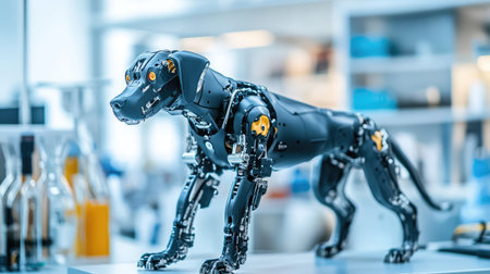Mechanical robotic dog prototype in an advanced engineering lab, showcasing innovation in AI and robotics.の素材