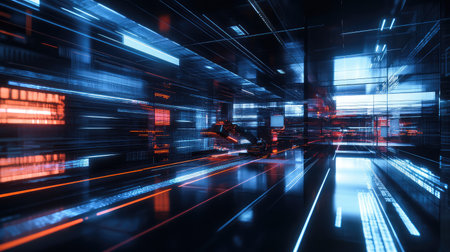 Industrial robotic arm handling precision laser cutting in a futuristic manufacturing plant, digital automation concept with glowing background and copy space.の素材