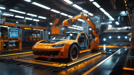 Industrial robotic arm painting a car with precision in a high-tech automotive factory, glowing futuristic background with copy space.の素材