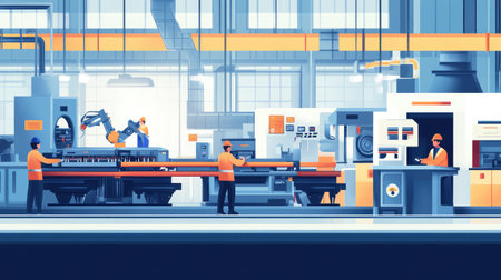 Inside an automated factory with robotic production lines, clean surfaces, and futuristic design. A high-tech workspace emphasizing precision, efficiency, and industrial innovation.の素材