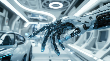 Industrial robotic arm operating in a futuristic car assembly line, high-tech automotive production automation concept with copy space.の素材