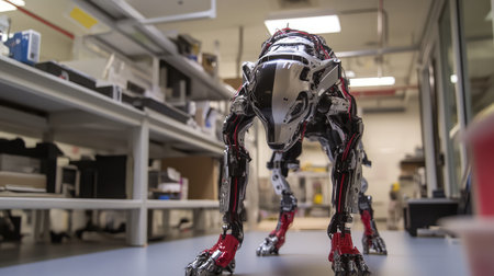 Mechanical robotic dog prototype in an advanced engineering lab, showcasing innovation in AI and robotics.の素材