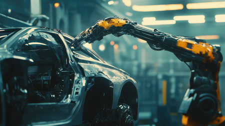 Industrial robotic arm painting a car with precision in a high-tech automotive factory, glowing futuristic background with copy space.の素材