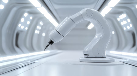 Industrial robotic arm operating in a futuristic car assembly line, high-tech automotive production automation concept with copy space.の素材