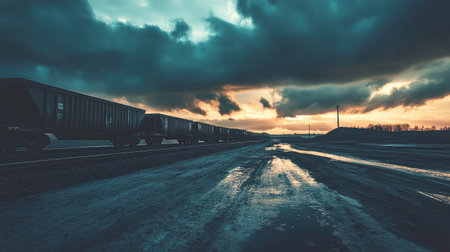 Long freight train with several cargo cars moving through a flat landscape, with wide open spaces for copy about freight transport.の素材