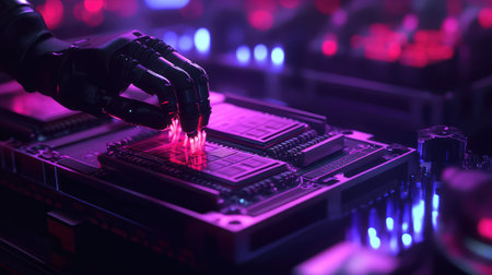 Industrial robotic hand assembling microprocessors on a precision manufacturing line, glowing with futuristic blue lighting.の素材