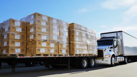 Long freight truck parked near a warehouse loading dock with large stacks of boxes visible, providing copy space above the scene.の素材