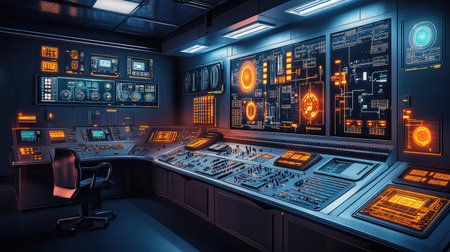 Inside a futuristic nuclear reactor control room with glowing digital screens, advanced technology, and a clean industrial design.の素材