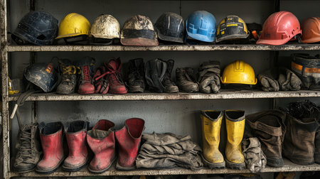 Industrial safety gear displayed on a metal shelf helmets, gloves, protective vests, and safety boots, set in an organized factory environment with copy space.の素材