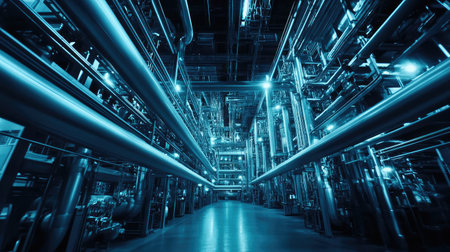 Large industrial power plant interior with metal structures, steam pipes, and dim lighting. A perfect background for energy production, heavy industry, and manufacturing themes.の素材