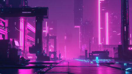 Modern industrial factory featuring glowing fiber-optic networks connecting automated machinery and AI systems.の素材