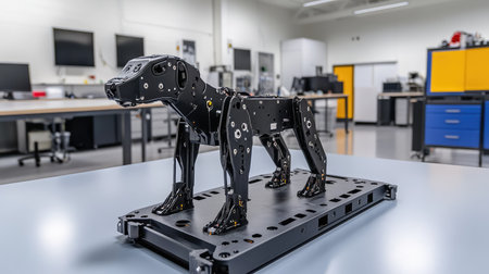 Mechanical robotic dog prototype in an advanced engineering lab, showcasing innovation in AI and robotics.の素材