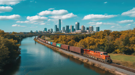 Long freight train crossing a bridge over a river with the skyline in the background, offering plenty of copy space for freight transport.の素材