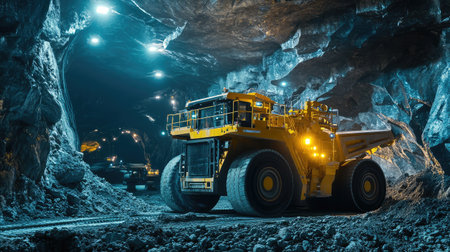 Massive automated underground mining operation with glowing AI-driven machinery and robotic excavation tools.の素材