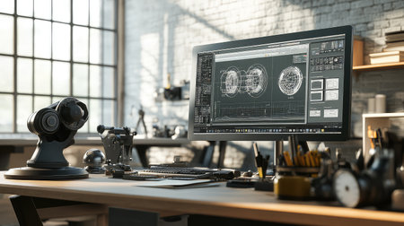 Mechanical engineering workspace with detailed D model renderings, CAD software screens, and industrial tools on a clean desk. A high-tech innovation lab.の素材