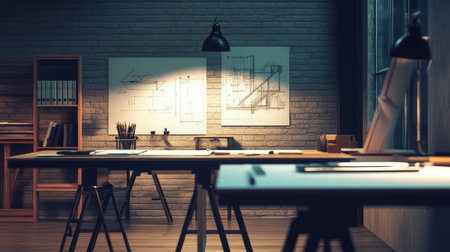 Minimalist engineering lab with drafting tables, architectural blueprints, and technical drawings illuminated by soft lighting. A clean and modern workspace.の素材