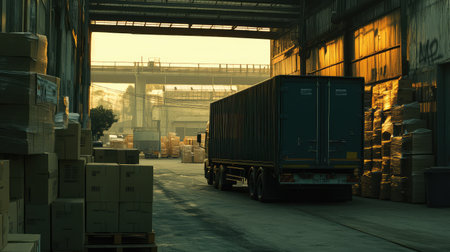 Long freight truck parked near a warehouse loading dock with large stacks of boxes visible, providing copy space above the scene.の素材