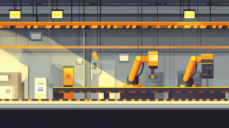 Minimalist industrial background of an empty manufacturing facility with robotic arms, conveyor belts, and automated machinery. Clean and modern technology-driven production setting.の素材